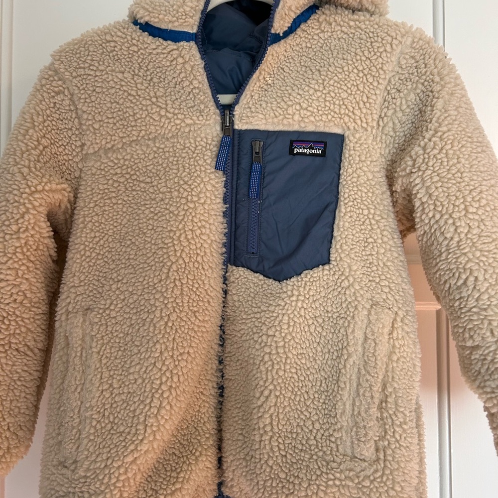 Patagonia Kids' Reversible Ready Freddy Hoody Cream and Blue Fleece Jacket